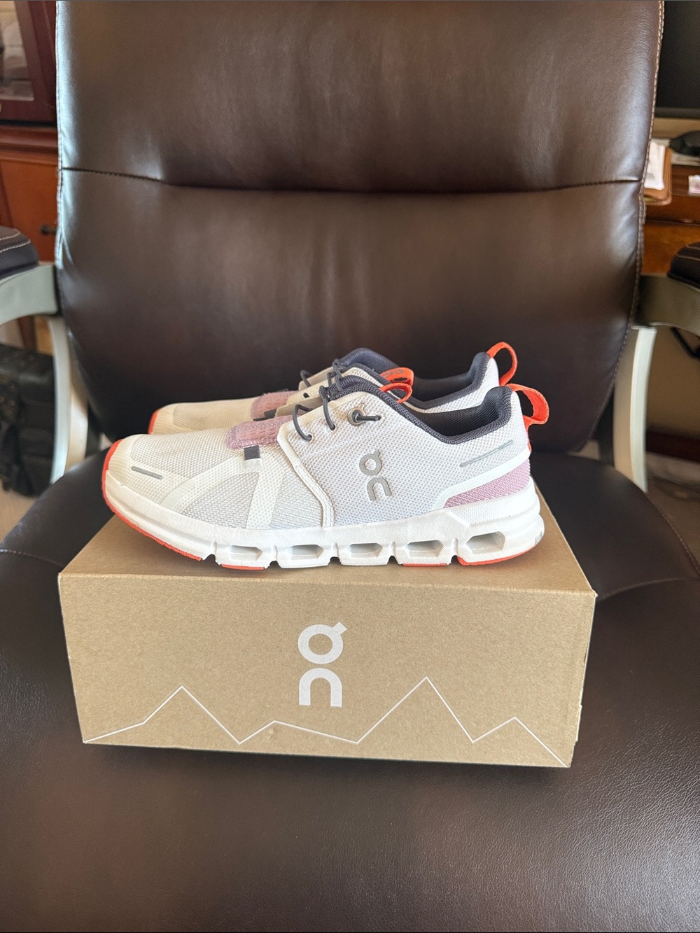 On Running Kids Sneakers in White with Coral and Gray Accents